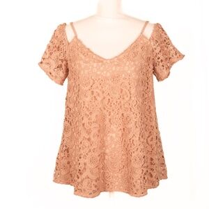 Chic Lace Cold Shoulder Short Sleeve Lined Blouse in Salmon Color by Christina.